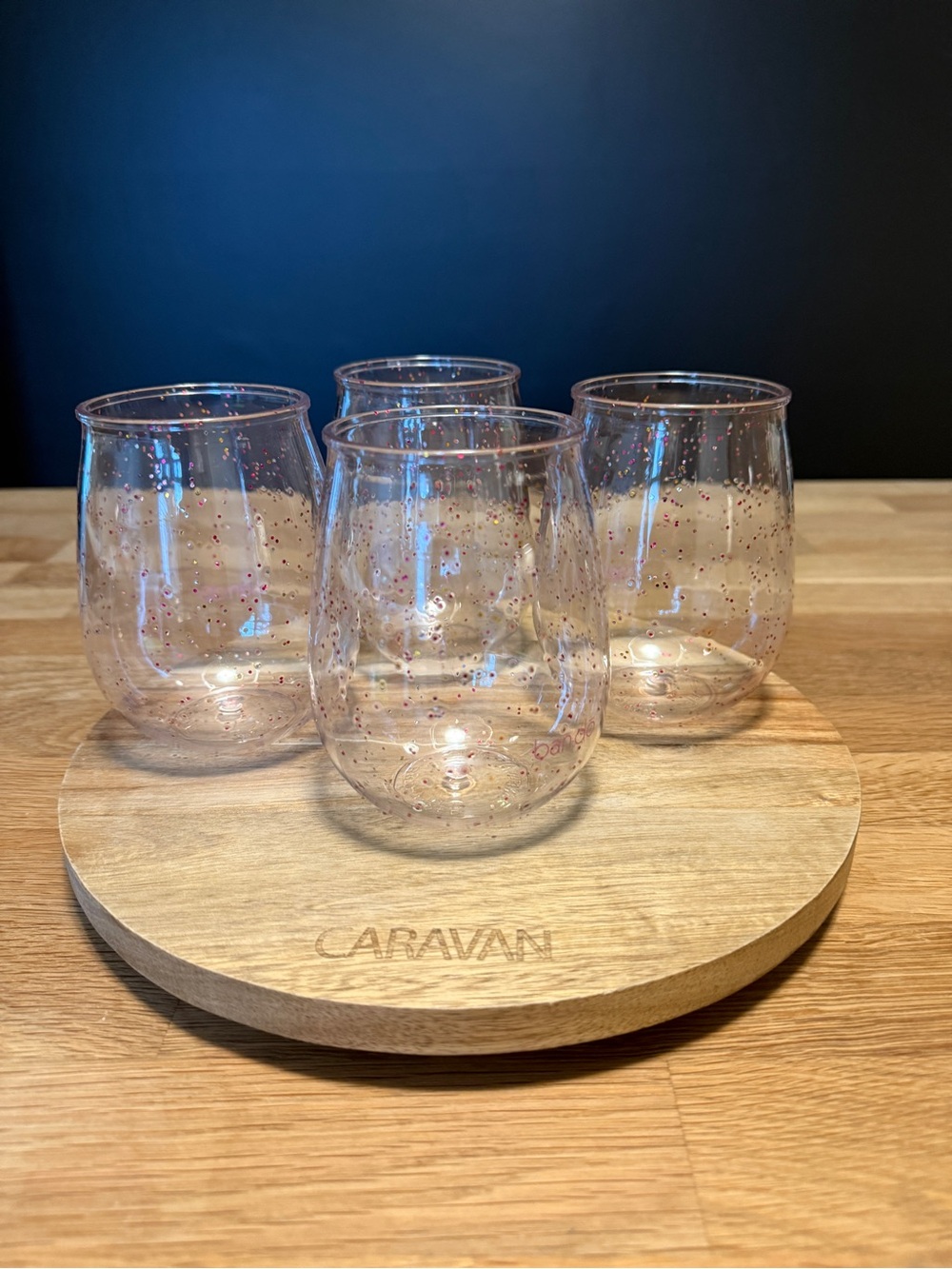 Caravan Wooden Lazy Susan + 4 Bando Pink Glitter Acrylic Stemless Wine Glasses